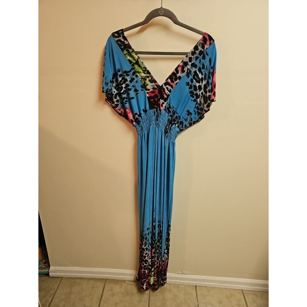 Julia Turquoise Maxi Deep V Neck Silk Blend Dress With Animal Print Size L - Picture 2 of 5